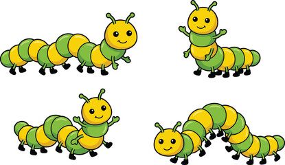 Four Cute Cartoon Caterpillar Vector Illustrations with Green and Yellow Segments in Various Friendly Poses for Children's Educational Design Projects.