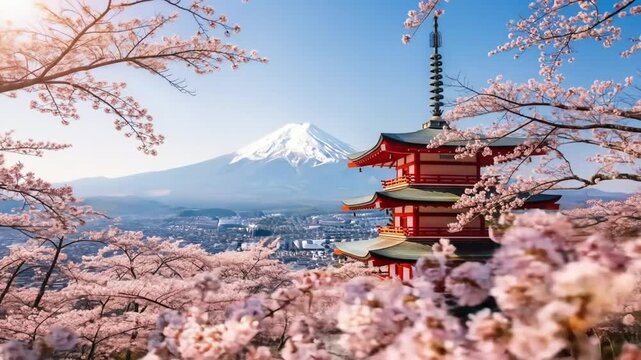 Pagoda and Mount Fuji with blooming cherry blossoms. 4k videos