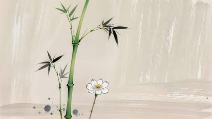Bamboo and white flower in oriental ink painting style (Sumi-e), zen background.