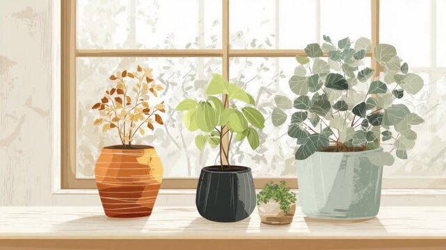 Bright room with potted plants on window sill during daylight showing various types of greenery in simple containers