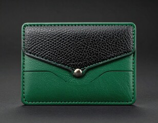A two-toned leather cardholder with a black flap and green body