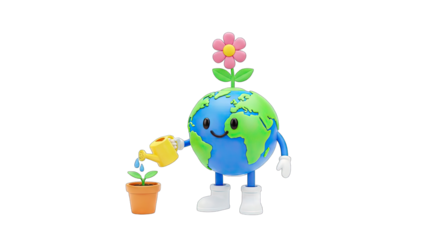 Earth Character Watering Plant: Environmental Concept
