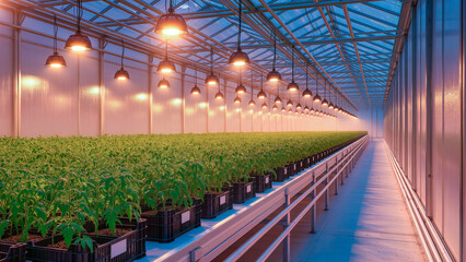 A wide shot of the interior of a high-tech glass greenhouse. Rows of young green plants in trays are illuminated by numerous hanging LED lamps providing a warm glow. The geometric perspective of the s