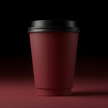 Deep Burgundy Red Coffee Cup Mockup with Black Lid on Dark Surface