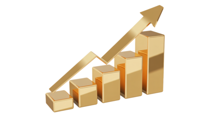 Golden 3d bar chart with upward trending arrow symbolizing financial growth and business success