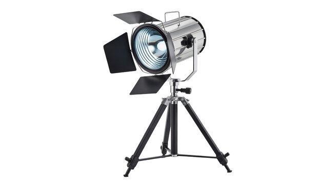 Professional studio fresnel spotlight with barn doors mounted on a sturdy adjustable tripod on black