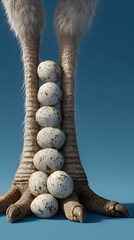 Bird Legs Balancing Speckled Eggs on Blue, Wildlife Concept