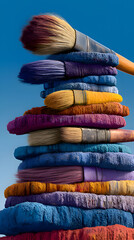 Tall Stack of Colorful Paintbrushes Against Bright Blue Sky