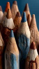 Colorful Pencil Tips with Wood Grain Against Dark Blue Background