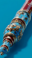 Ornate Decorative Object with Turquoise Mosaic, Gold Accents on Blue Background