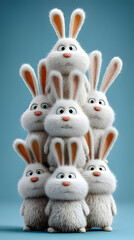 Pile of White Fuzzy Toy Rabbits with Orange Ears on Blue Background
