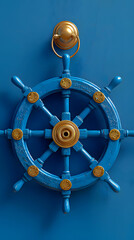 Antique Blue Ship Wheel with Gold Accents on Wooden Door Nautical Theme