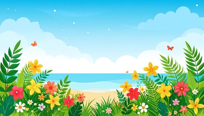 Fototapeta premium A vibrant spring meadow filled with blooming daisies and colorful butterflies under a sunny blue sky creates a beautiful nature landscape illustration with floral garden elements