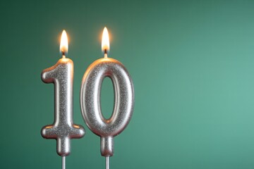 Two silver birthday candles shaped into the number ten burn brightly with steady flames.
