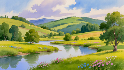 Watercolor illustration of a girl in a blue dress sitting by a river in a flowering meadow