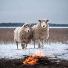 Two sheep standing on snowy field near small fire, winter landscape, calm atmosphere, rural outdoor scene, woolly animals, cold weather