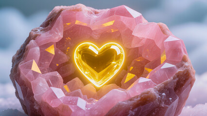 A golden shining heart inside a pink quartz crystal