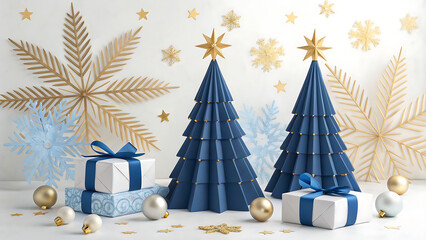 Blue origami christmas trees with gifts