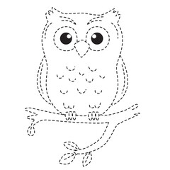 Dotted owl perched line art with big eyes perfect for coloring books, nursery decor, and educational tracing.