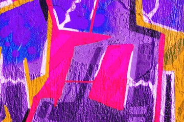 Obraz premium Vibrant abstract graffiti featuring neon pink, purple, yellow. Retro 80s style, bold textures, dynamic composition. Street art, posters, urban design, modern 80s, Y2K visuals.
