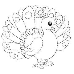 Dotted peacock front view line art great for greeting cards, scrapbooks, and whimsical kid-friendly printables.