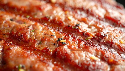 Close-up of deliciously grilled and seasoned meat, showcasing its juicy texture and perfect grill marks