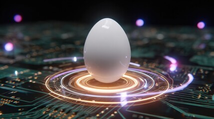 Digital Egg: A pristine egg rests at the center of a dynamic digital circuit board, representing the genesis of innovative technology, data, and the future.