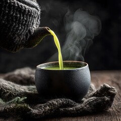 Matcha Tea Being Poured into a Ceramic Cup with Rising Steam in a Calm Minimal Setting, cup of tea and teapot