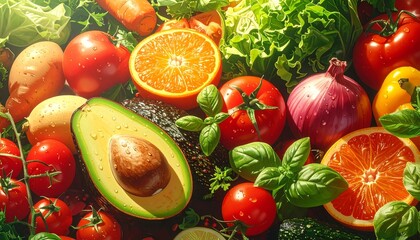 Vibrant Assortment of Fresh Fruits and Vegetables Illuminated by Sunlight, Promoting Healthy Eating and Wellness