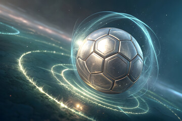 Metallic soccer ball with glowing energy rings in abstract space full hd 4k stock image download silver