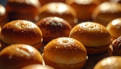 Close-up of fresh, golden-brown burger buns on a wooden surface