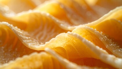 Close-up of golden yellow uncooked pasta showcasing intricate folds and delicate texture ready for culinary creation