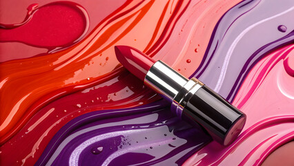 Red lipstick on abstract swirls of vibrant red orange pink and purple liquid paint full hd 4k stock image download