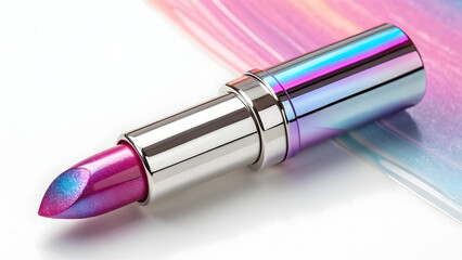 Metallic chrome finish lipstick with iridescent pink blue and purple hues on a full hd 4k stock image download white background with abstract colorful streaks
