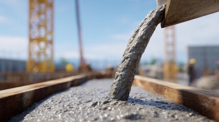 Fototapeta premium Pouring Concrete: An industrial close-up showcases the steady flow of freshly poured concrete, a foundational element in a modern construction site, symbolizing growth and development.