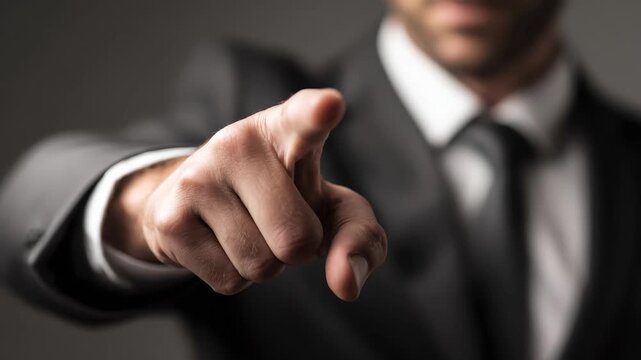 Businessman points directly to viewer in dark setting showcasing a serious communication moment and engagement in professional context