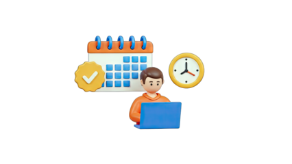 Man working on laptop with calendar and clock, time management concept
