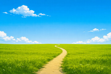 Horizontal photo of a narrow dirt path winding through a wide green field under a bright blue sky with soft clouds. Vivid natural colors, open space create a peaceful, hopeful mood symbolizing journey