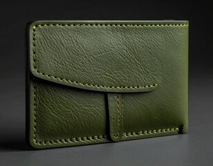 Close-up of olive green leather wallet with yellow stitching