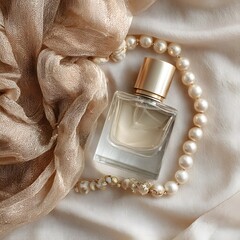 Refined Minimalist Editorial Flat Lay Showcasing Perfume, Pearls, and Silk Background, perfume bottle and flower
