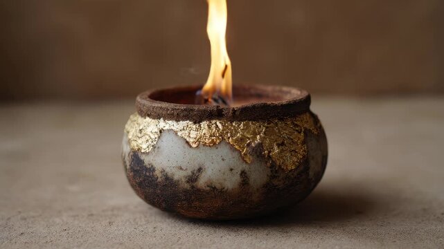 Decorative pot with fire flame on a simple background seen in close-up during a warm setting