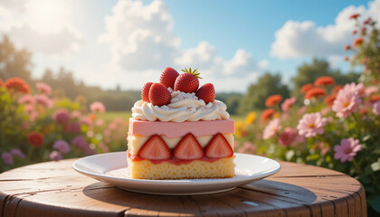 Delicate strawberry parfait with whipped cream and powdered sugar on a slice of golden cake at a picturesque garden table