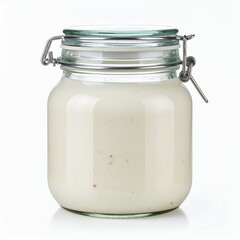 Glass jar filled with creamy white substance against a seamless background