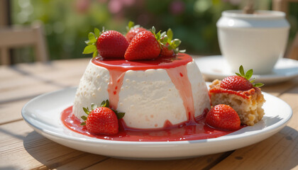 Delicious strawberry panna cotta served with a piece of cake on a sunny garden table