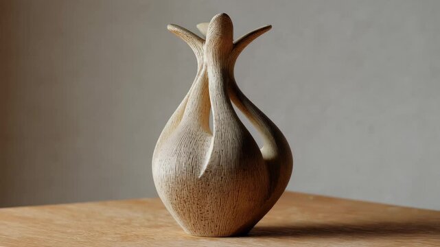 Wooden vase with unique shape displayed on a table in a simple setting during daylight hours