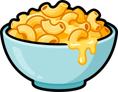 Cheesy Macaroni in Blue Bowl &ndash; Delicious Creamy Mac and Cheese Cartoon Vector Food Illustration