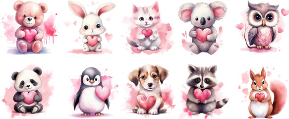 Valentine Cute Animals with hearts watercolor style  vector set
