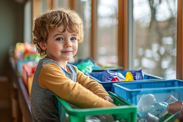 Young boy sorting colorful recyclables during a community activity Generative AI