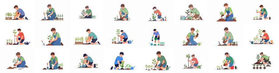 Vector set of young gardeners planting trees and seedlings, engaging in spring gardening, environmental conservation, and farming activities.