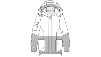 Technical drawing of a hooded jacket with gray accents and pockets isolated on transparent background